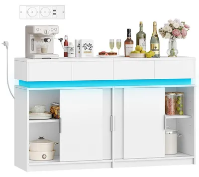 Immagine prodotto di Mobile contenitore con 4 cassetti e 4 ante scorrevoli, dotato di presa di corrente e illuminazione a LED, ripiano regolabile, dimensioni 140 x 40 x 85 cm, colore bianco