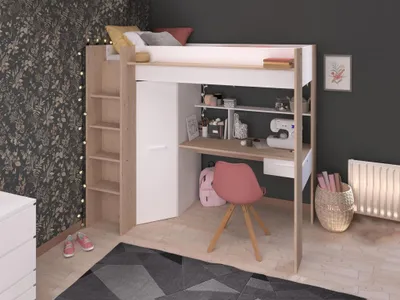 Produktbild von Parisot Hochbett Heavy mit Kleiderschrank und Schreibtisch - Weiß / Eiche Hell