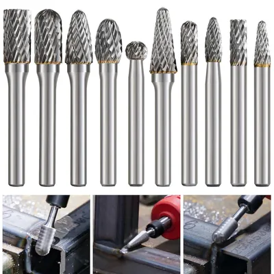 Zdjęcie produktu dla Świertła frezarskie z węglika wolframu, dwustronne, o średnicy 6 mm, z chwytem do obróbki metalu, drewna i kamienia, do usuwania zadziorów, zestaw 10 sztuk