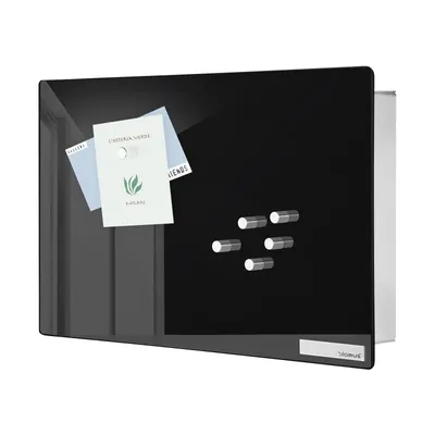 A black glass magnetic board with notes and magnets attached.