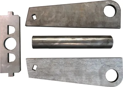 A set of metal parts for a quick-change adapter system, laid out on a white background.