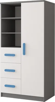 A product shot of a children's bookshelf with drawers and a door.