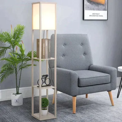 Obrázek produktu pro Stojací lampa s policemi a úložným prostorem | Barva: dub + bílá | Rozměry: 26 x 26 x 160 cm