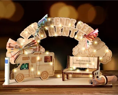 Produktbild von Giftota Rentner Geschenk LED Lichterkette Holz Geldgeschenk Wohnmobil Dekoration