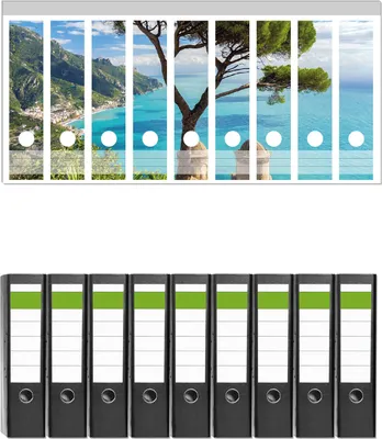 Produktbild von Wallario 9 Stück breite Ordner inkl. Klebeetiketten mit Motive Italienische Küste -  Set mit Rückenschildern / Ordnerrücken Stickern