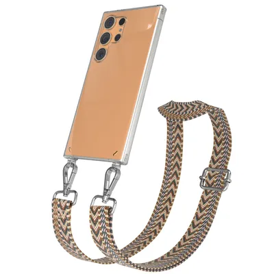 Produktbild von EAZY CASE Handykette - Verstellbarer Trageriemen kompatibel mit Samsung Galaxy S24 Ultra, Handykordel mit transparenter Silikon-Hülle, Band in Braun
