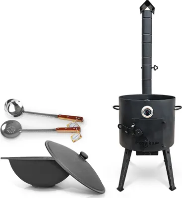 Produktbild von Set - Feuerofen - KasanoFF, 12 Liter, Ø 40 cm, Thermometer, Gusseisenkasan mit Deckel, flacher Boden, Ø 42,5 cm, 12 l, Schaumlöffel 48 cm, Schöpfkelle