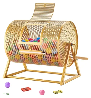 Image de Tambour de tombola VEVOR, 410 x Ø 302 mm, tambour pouvant contenir 5 000 billets ou 200 boules de loterie, tambour de tombola avec manivelle et support triangulaire, pour événements et fêtes, couleur or