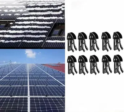 A collage showing solar panels in different conditions and a set of snow guard clips.