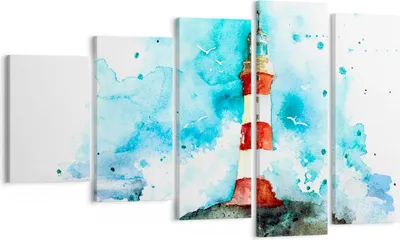 Produktbild von Bild auf Leinwand - Leinwandbild - Leuchtturm Wasser Illustration Welle - 100x60cm - Wand Bild - Wanddeko - Leinwanddruck - Bilder - Kunstdruck - Leinwand bilder - Wandkunst - EG100x60-2939