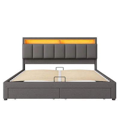 Produktbild von Flieks Polsterbett 180x200cm mit 2 Schubladen, Boxspringbett mit Stauraum und Lattenrost, Doppelbett mit Led und Stauraumkopfteil, Stauraumbett Jugendbett, Leinen, Grau