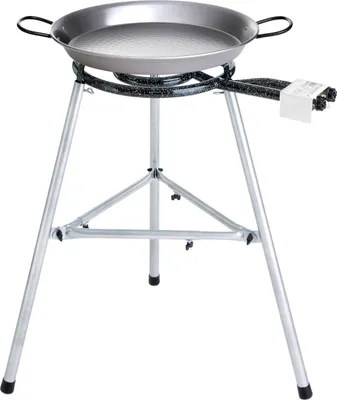 Produktbild von Hochwertiges Paella Grill-Set für Single-Griller: Pfanne Ø 38 cm, 2-Ring-Brenner Ø 30 cm, 7,5 kW, stabiler Dreibein-Ständer, höhenverstellbar
