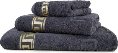 Produktbild von 3tlg. Luxus Medusa Saunatuch Badetuch Handtuch Set - Anthrazi Grau - Frottee - Goldene Bordüre