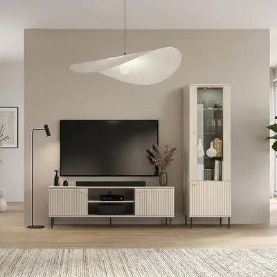 Produktbild von Wohnzimmer Set 2-teilig in kaschmir matt mit Rillenfront, Vitrine & Lowboard - SALOU-131