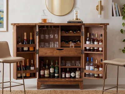 Produktbild von FineBuy Hausbar Sheesham Massivholz Barschrank 65 cm Bar Möbel aufklappbar Weinschrank mit Glashalter Bar Schrank Wohnzimmer Holz Vintage Handmade