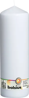 A white pillar candle with a label at the bottom.