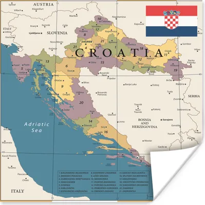 Produktbild von MuchoWow® Poster Karte von Kroatien mit Bezirken und Städten 100x100 cm - Babyzimmer
