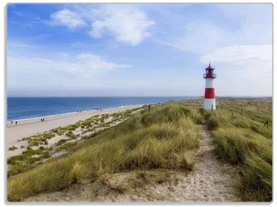 Produktbild von Wallario Glasunterlage, Schneidebrett aus Glas, Größe 30 x 40 cm, Motiv Am Strand von Sylt  Leuchtturm auf der Düne  Panorama