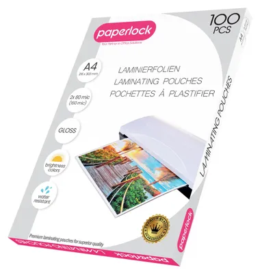 Zdjęcie produktu dla Paperlock - Opakowanie 100 folii laminujących formatu A4, grubość 80 mikronów, błyszczące, przezroczyste, Ve