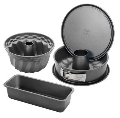 Image de Oetker BACK-HARMONIE, moule démontable (fond plat et fond tubulaire), moule à manqué et moule à kouglof, moules à gâteaux avec revêtement anti-adhésif renforcé en céramique,(Couleur : Gris) Quantité : 1 x 4er-Set
