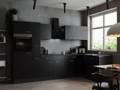 Produktbild von L Küche Küchenzeile Winkelküche Grau Matt Schwarz Oliver 310 x 172 cm Respekta
