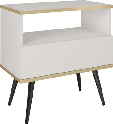 Immagine prodotto di Comodino in stile moderno, bianco con gambe nere e accenti dorati, 54x59x39 cm