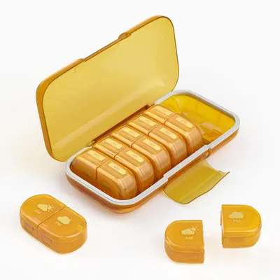 Image de Boîte à comprimés pour 7 jours, avec 2 compartiments, de couleur jaune, résistante à l'humidité, amovible, pour vitamines et compléments alimentaires
