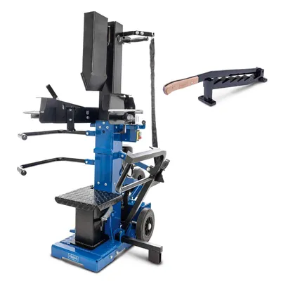 A blue and black log splitter is shown against a white background, with a separate black tool with a wooden handle to the right.
