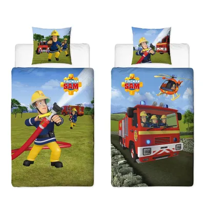 Produktbild von Feuerwehrmann Sam Wende Bettwäsche Set für Jungen · Kinderbettwäsche 135x200 80x80cm aus 100% Baumwolle · Motiv Mission mit Feuerwehr-Auto und Logo