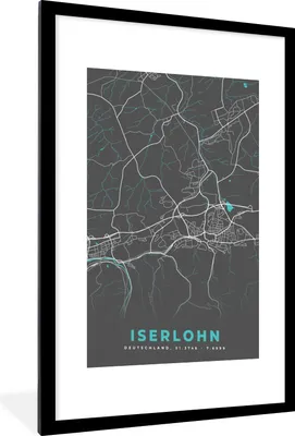 Produktbild von MuchoWow® Gerahmtes Poster Deutschland - Blau - Iserlohn - Stadtplan - Karte 60x90 cm - Poster mit Schwarzem Bilderrahmen Wandposter Rahmen Foto Bilder - Dekoration - Wandposter Wohnzimmer - Hochwertig