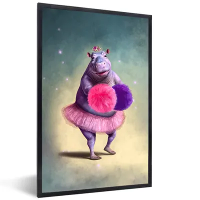 Produktbild von MuchoWow® Gerahmtes Poster Nilpferd - Blumen - Ballerina - Pompons - Porträt 60x90 cm - Poster mit Schwarzem Bilderrahmen Wandposter Rahmen Foto Bilder - Kunst