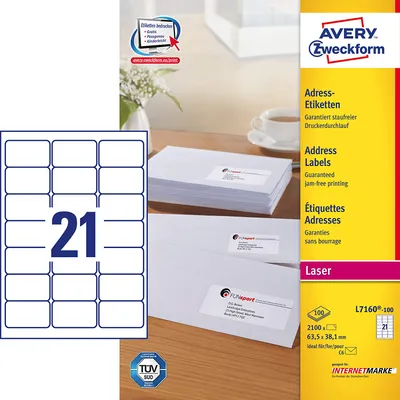 Obrázek produktu pro Avery - Adressetiketten - weiß - 38,1 x 63,5 mm - 2100 Stck. (L7160-100)