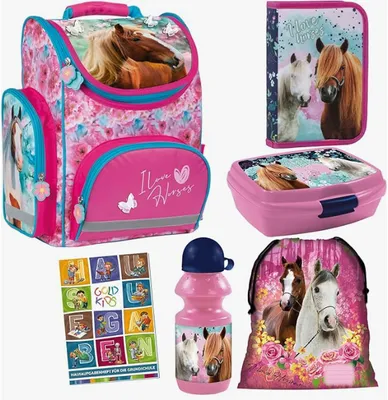 Produktbild von Schulranzen für Jungen und Mädchen, 6er-Set - Schul-Rucksack für Kinder mit Federmäppchen - Schuhbeutel Sammelmappe und Hausaufgabenheft - Pferd Motiv