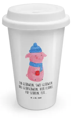 Produktbild von Mr. & Mrs. Panda Thermobecher To Go Schweinchen Glühwein - Weiß - Geschenk, Betrunken, Becher, Spruch, Mehrwegbecher, Kaffeebecher, ToGo, Weihnachtsmarkt, Weihnachten