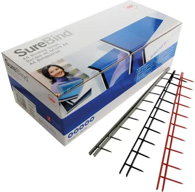 Produktbild von GBC SureBind Bindestrips A4, schwarz, 25mm (100), Schwarz, 250 Blätter, Acrylnitril-Butadien-Styrol (ABS), A4, 25 mm, 297 mm