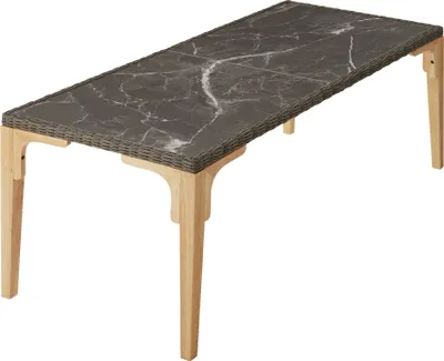 A rectangular coffee table with a dark marble-like top and light wood legs is shown against a white background.