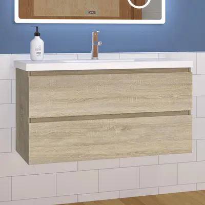 Produktbild von Waschtisch mit Unterschrank 100cm Alast Badmöbel Set Eiche Waschbecken mit Unterschrank MDF Softclose