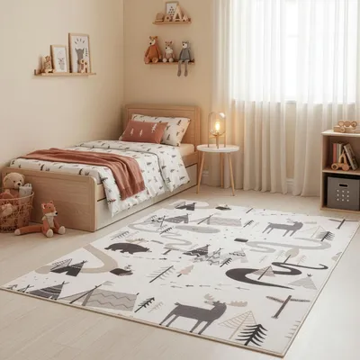 Produktbild von SIMPEX Kinderteppich Wald Tiere für Kinderzimmer Naturmotiv fördert Kreativität und Lernen Größe: 120x170 cm , Farbe: Creme-5