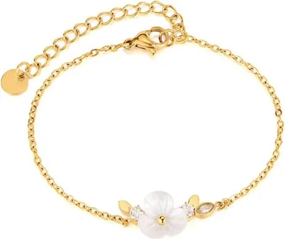 Immagine prodotto di Bracciale Flamenco Mystique in acciaio chirurgico placcato oro 14k con fiore bianco e zirconi BST1516