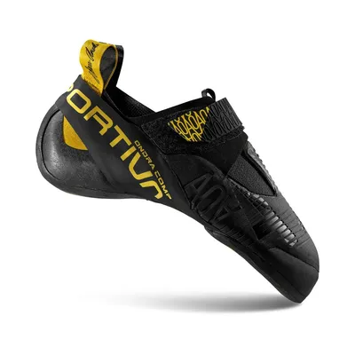 Kletterschuh "Ondra Comp" von La Sportiva in Schwarz und Gelb; mit Klettverschluss und strukturiertem Obermaterial.