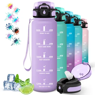 Produktbild von Trinkflasche mit Strohhalm, 1 Liter, lila, auslaufsicher, für Sport