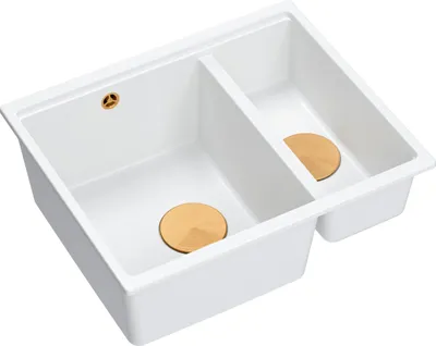 Produktbild von QUADRON Spülbecken 1,5-Becken Spüle | Größe: 55,5 x 46 x 22 cm | LOGAN 150 | Küchenspüle Granitspüle aus GraniteQ mit Siphon | Weiß + Kupfer
