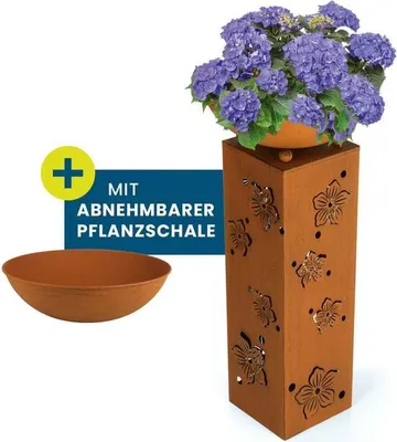 Produktbild von Hoberg LED Pflanzsäule 3D Blumen-Design in Rost-Optik Abnehmbare Pflanzschale drinnen und draußen geeignet Integrierte Beleuchtung 6h Timer kabellos