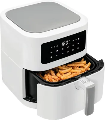 A white Medion air fryer with a basket of french fries pulled out, showing the digital display.