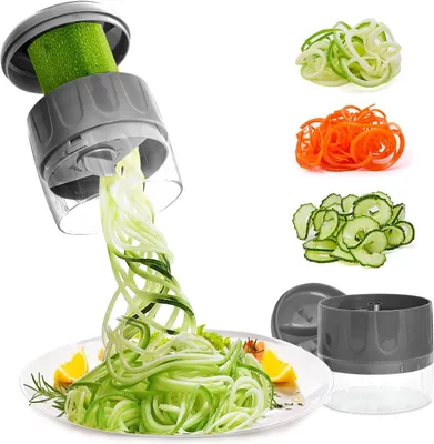 Produktbild von Handheld Gemüseschneider, 3-in-1 Multifunktionale Rotationsreibe, Zerkleinerer, Verstellbare Reibe für Zucchini-Nudeln, Karotten, Gurken (Grau)