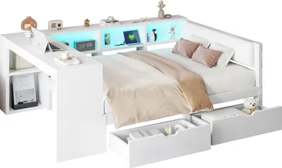 Produktbild von Stauraumbett mit Schreibtisch, LED-Streifen, Lattenrost, Regal, Schubladen, USB und Steckdosen, 140x200cm, Holzbett, Doppelbett