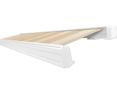 Produktbild von SOLUNA Kassettenmarkise Exquisit 5x2,5 Dessin S2238 Gestell RAL 9010 reinweiß Antrieb rechts inkl. Motor und Wandschalte