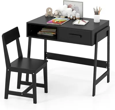 Produktbild von Kinderschreibtisch mit Stuhl Set, Kinderschreibtischset mit Schublade, Kiefernholzbeine, Kindersitzgruppe Jugendschreibtisch Schülerschreibtisch für Kinder, 85 x 48 x 70 cm (Schwarz)