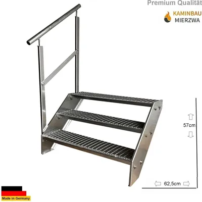 Immagine prodotto di Scala a 3 gradini in acciaio zincato + ringhiera a sinistra - (L x P x A) 63cm x 120cm x 57cm