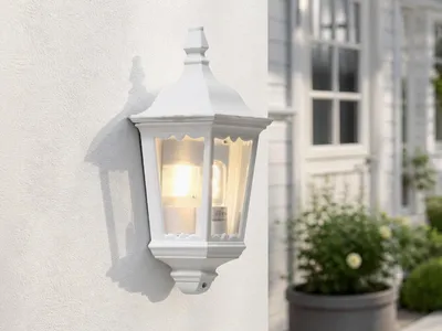 Produktbild von LED Außenwandleuchte Weiß, nostalgische E27 Wandlaterne Halbschale, Höhe 45cm